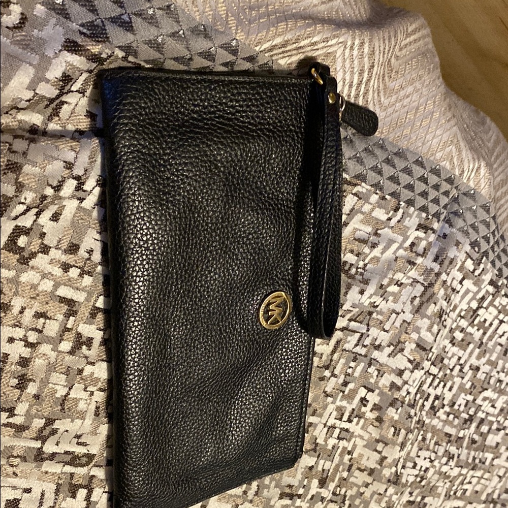 Black Leather Wristlet with Gold Logo